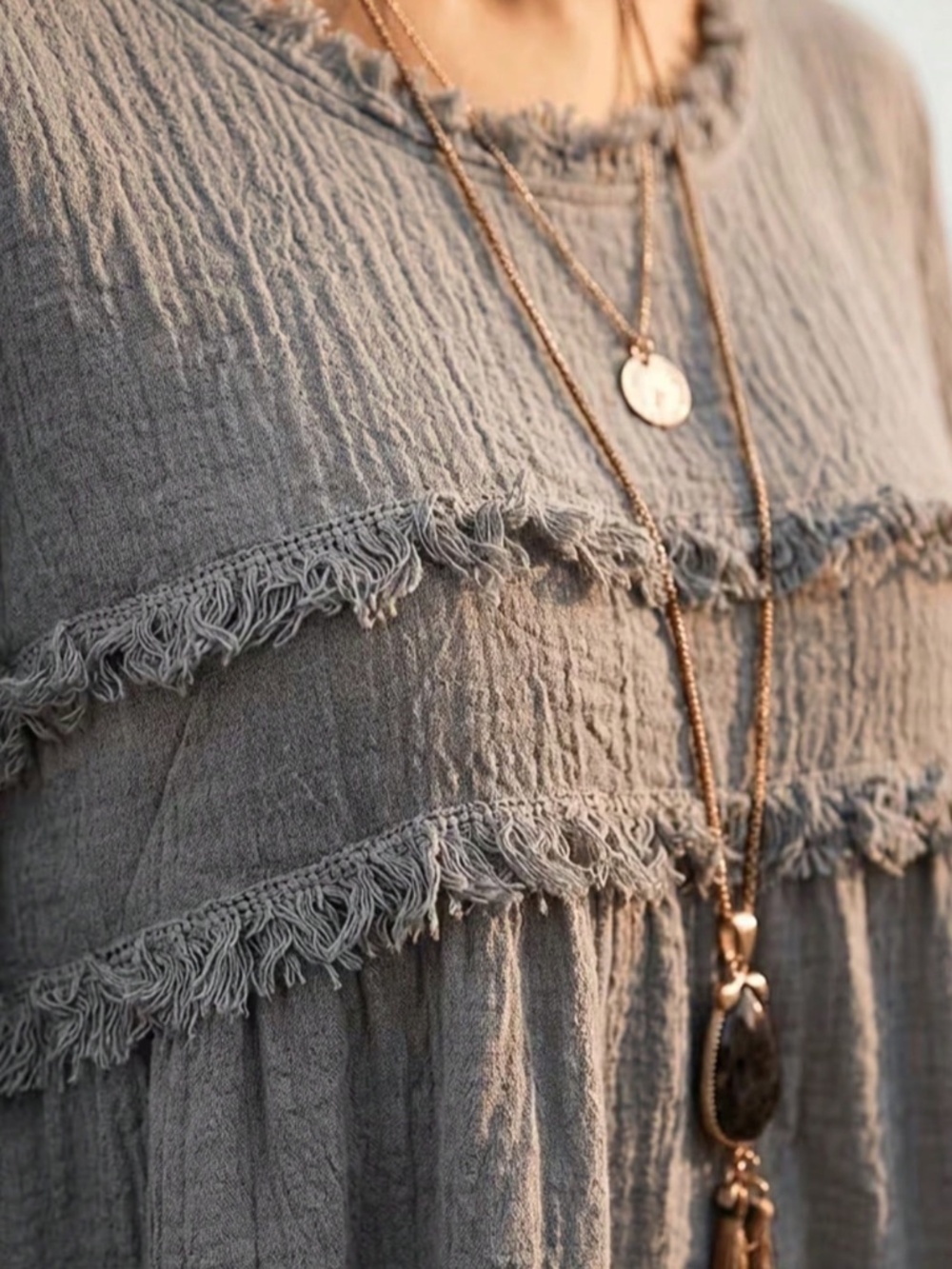 Solid Textured Round Neck Frayed Detail Long sleeve Top - Picture 5 of 12